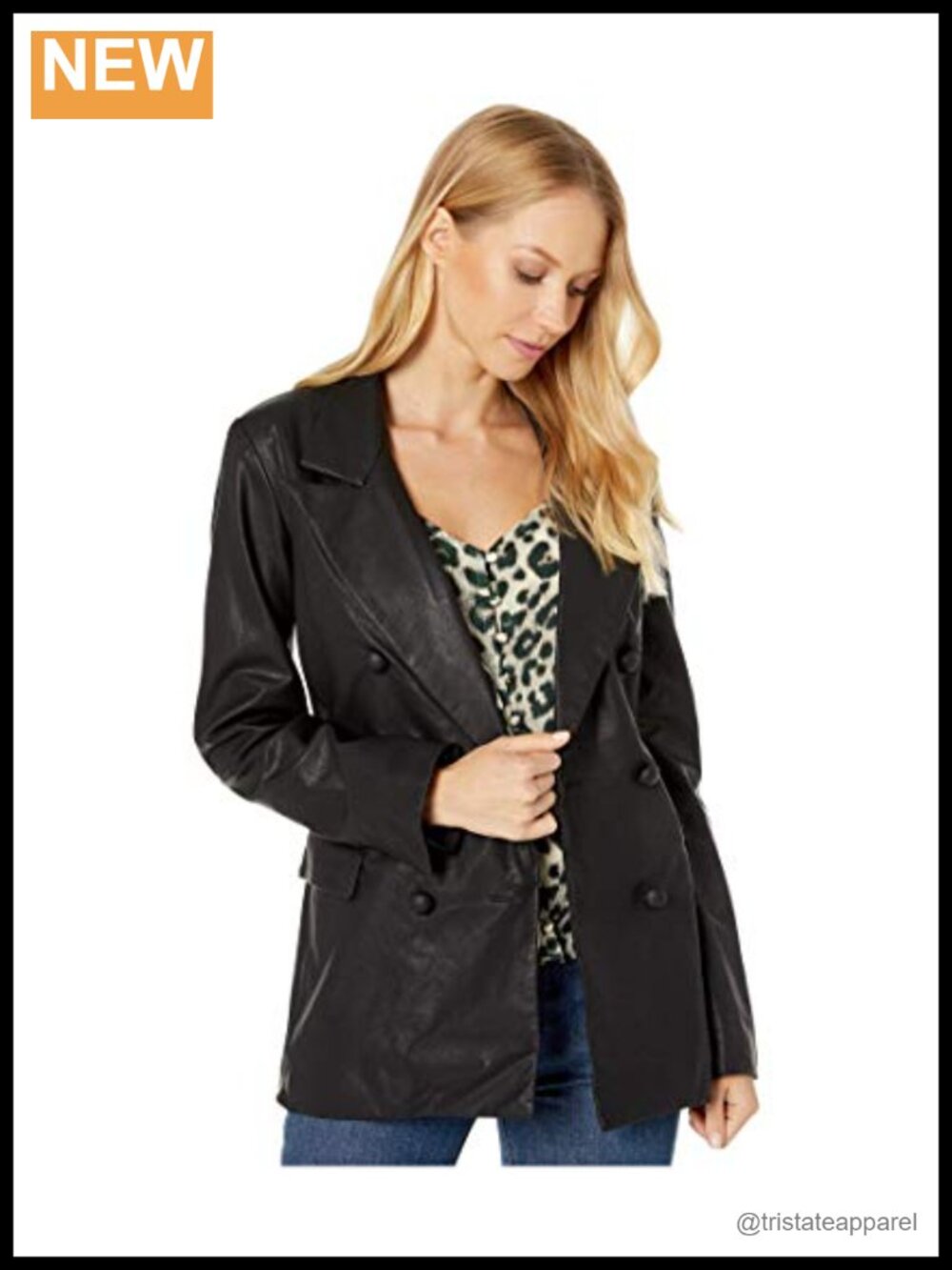 Vegan Leather Double Breasted Long Blazer Notch Lapel